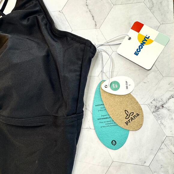 NWT prAna Kayana Strappy Tankini Swimsuit Top Black 38 D Sz L Econyl UPF 50+ - Picture 2 of 9